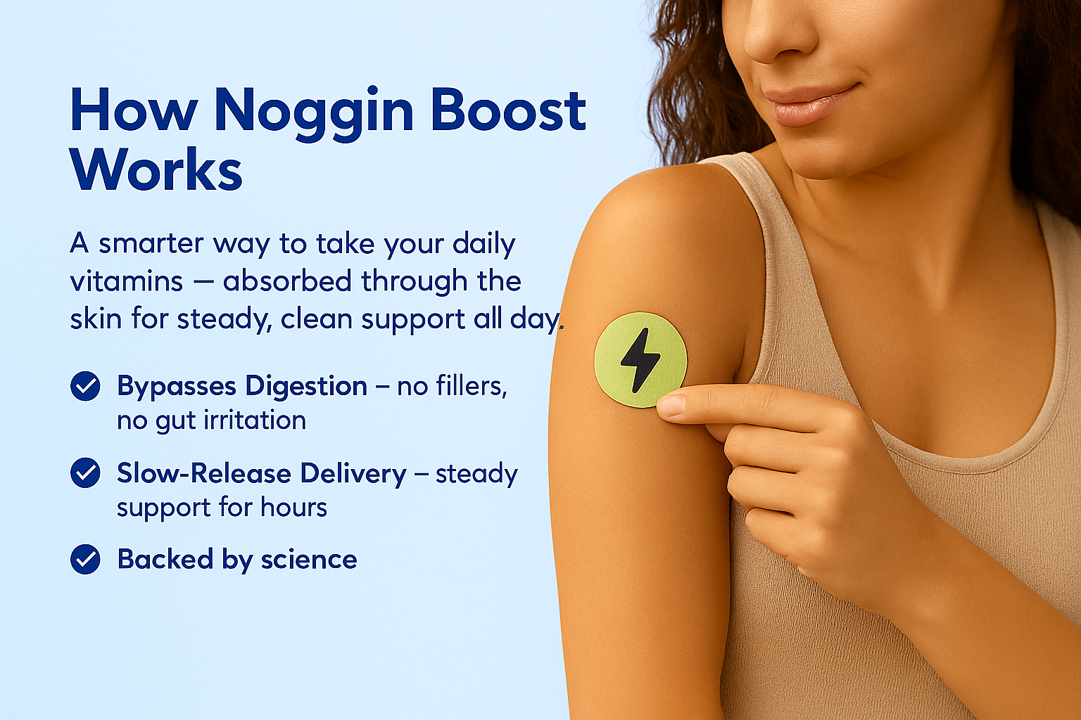 Woman pointing to a Noggin Boost vitamin patch on her arm with text explaining how it works.