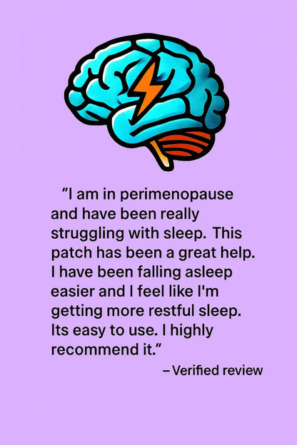 Brain illustration with a lightning bolt on a purple background, featuring a verified review text.