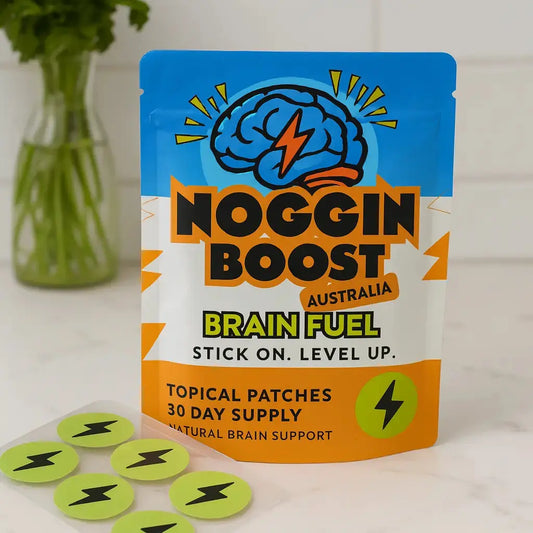 Noggin Boost Australia brain fuel packaging with brain graphic and text on a white background