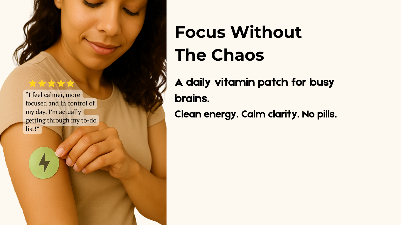 Woman wearing noggin boost vitamin patch. The patches are helping her feel calmer and more focused. 